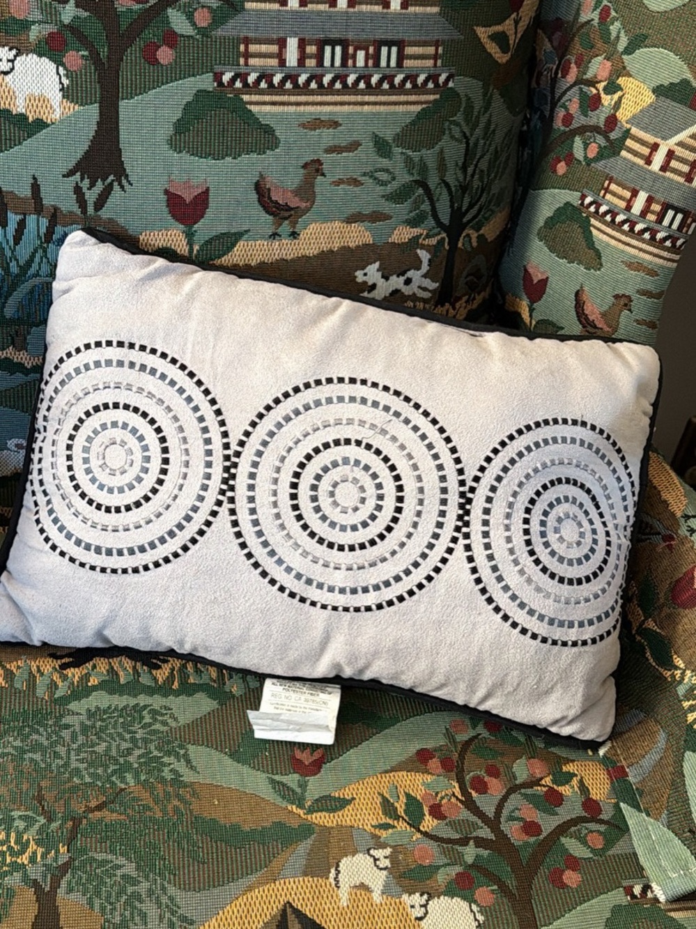 Decorative Grey Lumbar Pillow with Black Circular Embroidery
